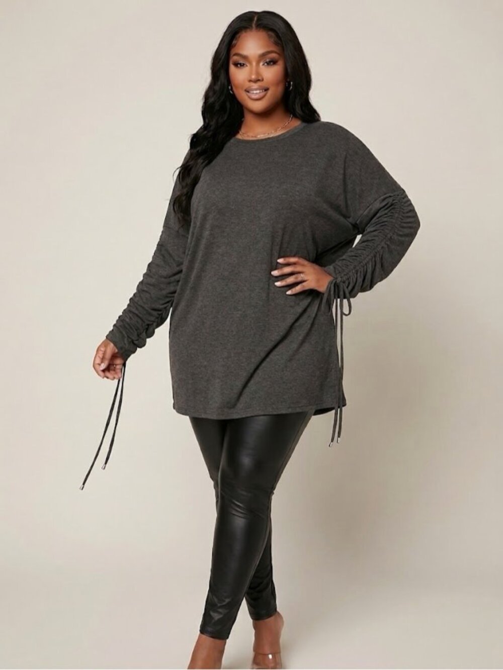 Fashion Nova Dark Grey Ruched Tunic Long Sweatshirt Top size 3X Athleisure Cute